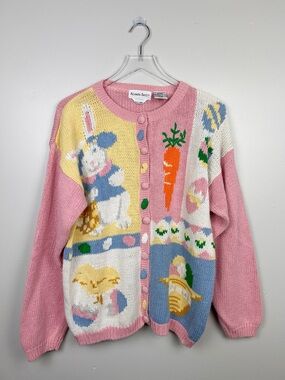 Vintage Alexandra Bartlett Easter Sweater Cardigan Sprung Bunny Eggs Pink Sz XL